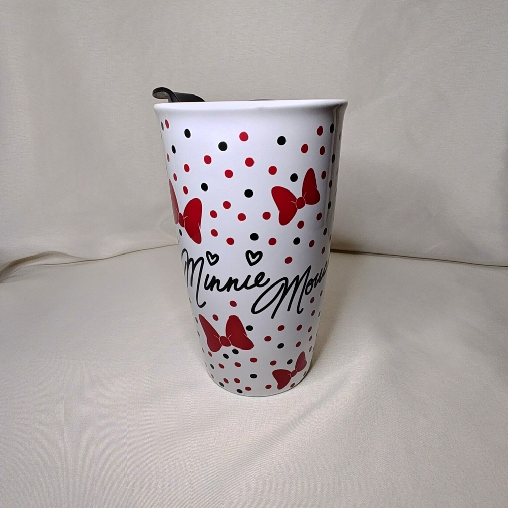 Super Cute Disney Parks Minnie Mouse Ceramic Coffee/Tea Cup Travel Tumbler w/Lid